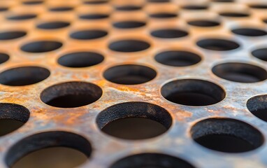 Fototapeta premium Abstract close up of rusty metal sheet with circular holes pattern