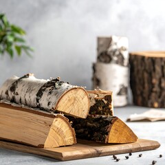 Stacked birch firewood on a board