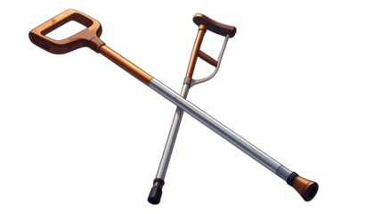 Two medical mobility aids, a crutch and a cane, are crossed against a solid black background, showcasing their design, shape, and details in a  style rendering.