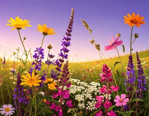 Vibrant wildflowers in a meadow at sunrise
