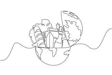 Single one line drawing half round globe with open top with French bread, glass bottle of milk, vegetables. Lack of nutritional equity. World Hunger Day. Continuous line design graphic illustration
