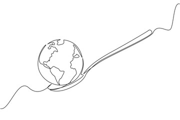 Continuous one line drawing a spoon with a globe on the end. Supporting the formation of a more serious world food agency. Rise awareness. World Hunger Day. Single line draw design vector illustration