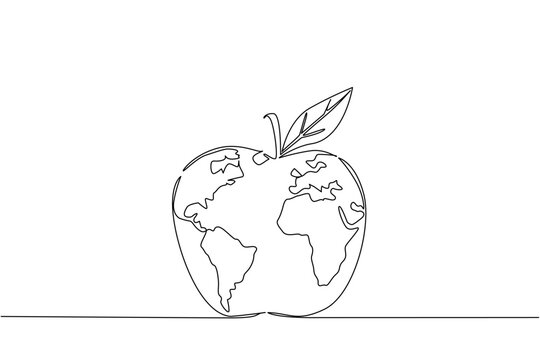 Single one line drawing globe made like an apple with leaves. The good vitamin content of an apple. Not everyone can eat it. Problem. World Hunger Day. Continuous line design graphic illustration
