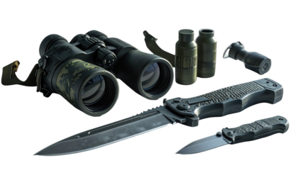 Detailed composition displays various survival and tactical equipment, including binoculars, two small bottles, a flashlight-like object, and two folding knives, all set against a dark background,...