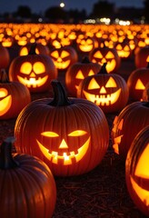 Rows of carved jack-o’-lanterns glowing at night during PumpkinFest