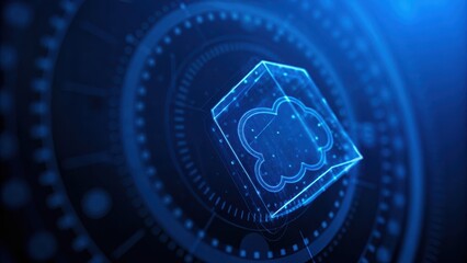 hybrid ai cloud system Digital cloud storage concept with glowing elements against a blue technological background.