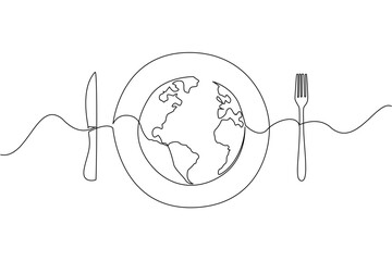 Single continuous line drawing a plate with a globe in the middle with knife and fork on the right and left. Annual problem that keeps happening. World Hunger Day. One line design vector illustration