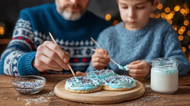 Joyful Father and Son Bonding Over Cookie Decorating: A Heartwarming Moment of Creativity and Togetherness During Festive Celebrations