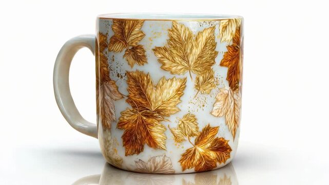 A white ceramic mug decorated with gold autumn leaves.