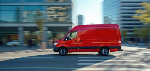 Red delivery van speeds through urban environment. Commercial vehicle drives on city street at high speed. Transportation, logistics, delivery, cargo, business in progress.