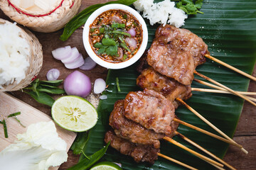 Barbecue pork Toast grill or Toast pork with Thai garnish nutrition preparation for cooking. Thai food, Street food.