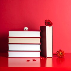 Stacked books adorned with flowers on a bright red background