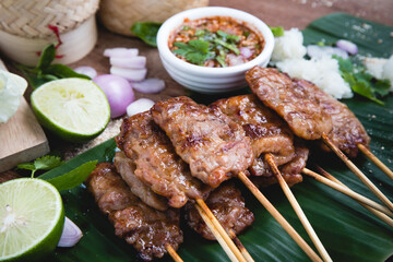 Barbecue pork Toast grill or Toast pork with Thai garnish nutrition preparation for cooking. Thai food, Street food.