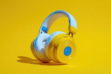 Naklejka premium Vibrant yellow and light blue headphones on a yellow background