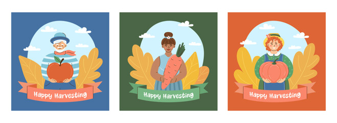 A collection of three cute farmers with large vegetables. An elderly man and two young women. Autumn and harvest concept. Frame with autumn leaves and the inscription Happy Harvest. Flat style vector