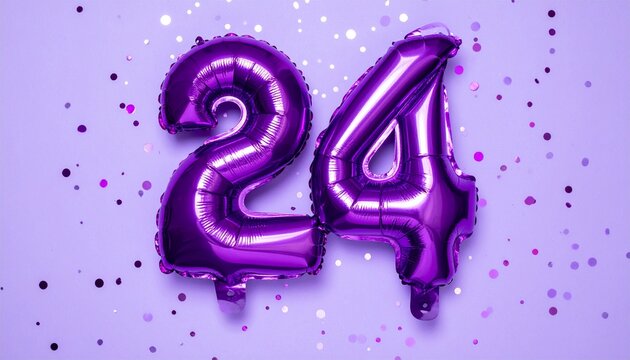 Purple balloon number 24 with confetti on solid colored background. Photo for anniversary or birthday party