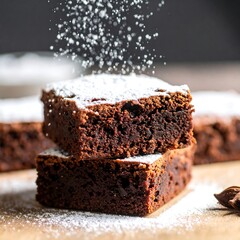 Stacked brownies dusted with powdered sugar