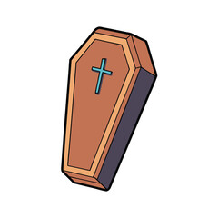 Flat illustration of a brown coffin with a blue cross