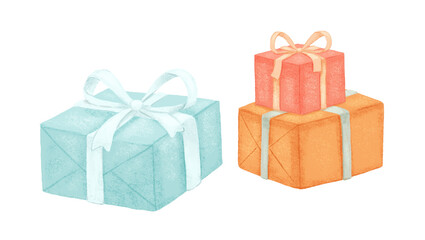Watercolor gift box with ribbons. Colorful illustration of presents for birthday or Christmas.