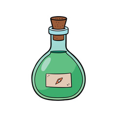 Green liquid potion bottle with cork and compass label