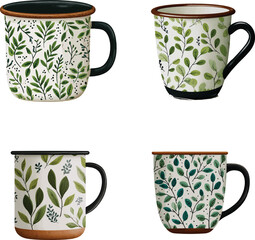 cup with a green plant pattern, a simple flat illustration in a clip art style with a white background and a brown rim around the cup. the top of each mug is shaped like
