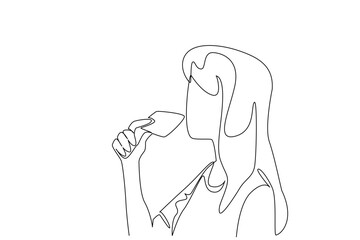 Continuous one line drawing a woman eating biscuits. A quick and solid breakfast. Stall the hunger with some biscuits. Sweet. Snack. National Biscuit Day. Single line draw design vector illustration