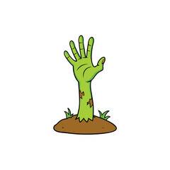 Green zombie hand emerging from brown earth with grass