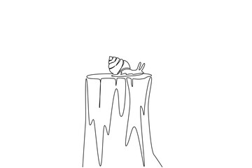 Single one line drawing the snail walking on a cut tree trunk. Surviving massive illegal logging. Losing habitat. Adapting to moving. National Snail Day. Continuous line design graphic illustration