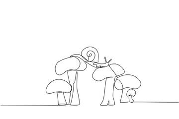 Single continuous line drawing snails walking and crossing on mushroom stems. Crawling animal with coiled shell. Devouring mushrooms slowly. National Snail Day. One line design vector illustration
