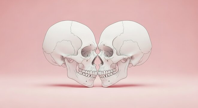 Two Skulls Facing Each Other on Pink Background.