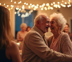 Elderly couple dances intimately at a warm indoor party with friends. String lights create a festive, joyful atmosphere. They share laughter and happiness in a moment of connection.