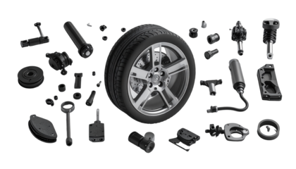 Detailed illustration featuring a modern car tire alongside an assortment of detached automotive parts and components, all arranged artfully against a stark black background for a dramatic effect,...