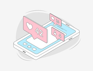 Social media notifications vector illustration features mobile engagement with pink like bubbles showing hearts, likes, and comments on blue smartphone for social media app interaction metrics