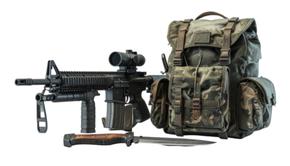 Depicting military-themed equipment comprising a rifle with a scope, a survival knife, and a rugged backpack, all positioned on a stark black background; the items exhibit a weathered and worn...