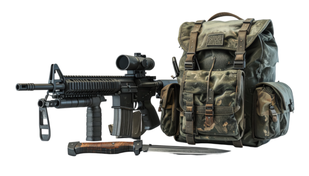 Depicting military-themed equipment comprising a rifle with a scope, a survival knife, and a rugged backpack, all positioned on a stark black background; the items exhibit a weathered and worn...