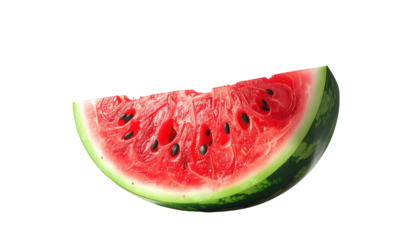 Isolated piece of watermelon, showing the vivid red flesh contrasted against a deep black background, with a focus on the texture and seeds, showcasing a healthy and appetizing summer fruit.