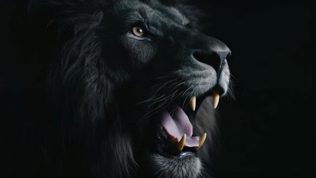 A majestic black lion roaring in darkness, symbolizing power, courage, and dominance with an intense dramatic atmosphere.