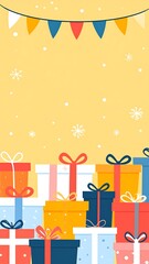 Stacked colorful gift boxes, a banner, and falling snowflakes against yellow