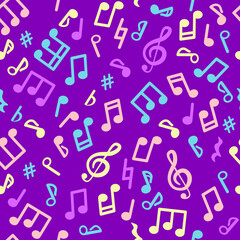 Abstract music seamless pattern of music notes. blue, red and violet music background. Vector illustration melody.