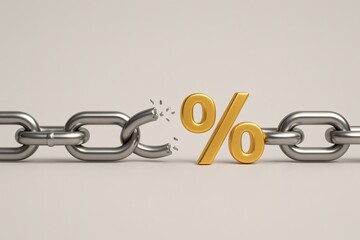 Metal chain with broken link containing golden percentage representing breaking free from price constraints and discount offers. Symbolizes freedom savings liberation sales events.