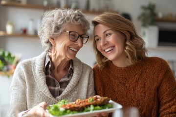 A grandmother and granddaughter are sharing a cheerful moment in a warm kitchen. The granddaughter presents a dish while both are smiling and enjoying each others company