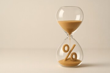 Elegant hourglass with percentage symbol formed by golden sand representing time-limited offers and urgent promotions. Symbolizes countdown deadlines flash sales.