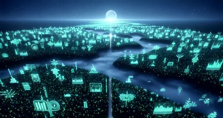 Futuristic digital landscape with glowing icons and serene river at night - Powered by Adobe