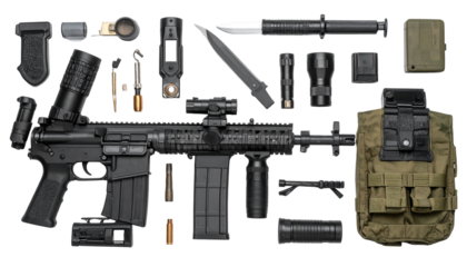Assortment of tactical gear arranged on a black surface, showcasing various firearm accessories, a rifle, a knife, ammunition, flashlights, and pouches.