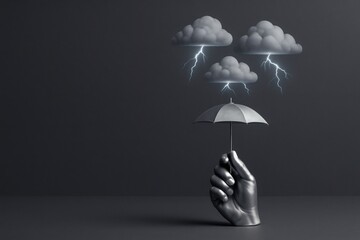 Metal Hand Holding Umbrella Protecting From Storm Clouds Crisis Management Concept