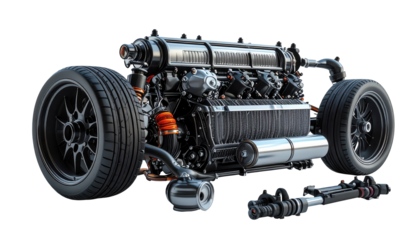 A detailed view of a complex automotive engine and wheel assembly is showcased against a stark black background, highlighting its intricate mechanical components, textures, and the overall design.