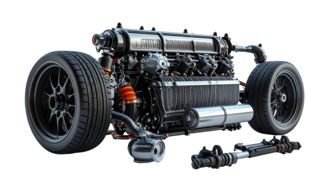 A detailed view of a complex automotive engine and wheel assembly is showcased against a stark black background, highlighting its intricate mechanical components, textures, and the overall design.