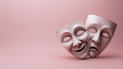 Smiling and sad theater masks on pastel background representing emotional duality mental health facade hidden feelings contrast inner struggle psychology mask truth illusion balance.