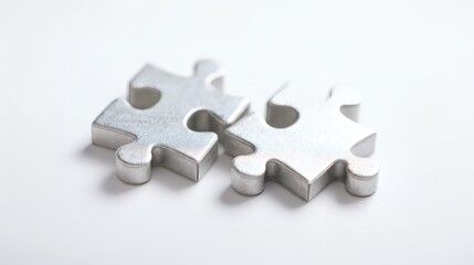 Obraz premium Close-up of two metallic silver puzzle pieces isolated on a light background. Represents connection, solution, teamwork, partnership, completion, integration, and corporate unity..