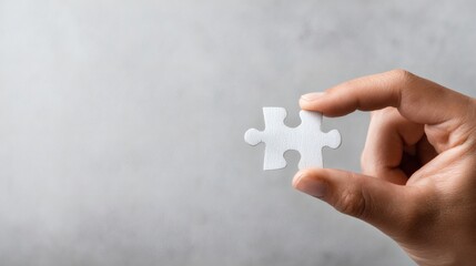 Realistic studio photograph of a hand holding a white puzzle piece against a soft background. Represents problem-solving, connection, unity, teamwork, challenge, and finding answers.